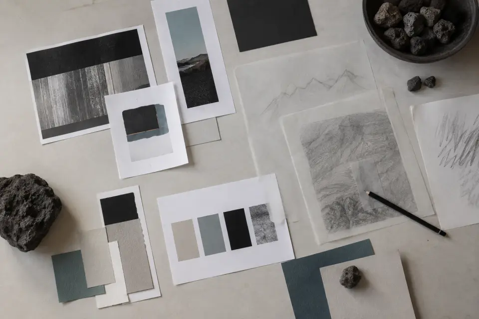 Editorial sketches, references and a working layout on a studio table