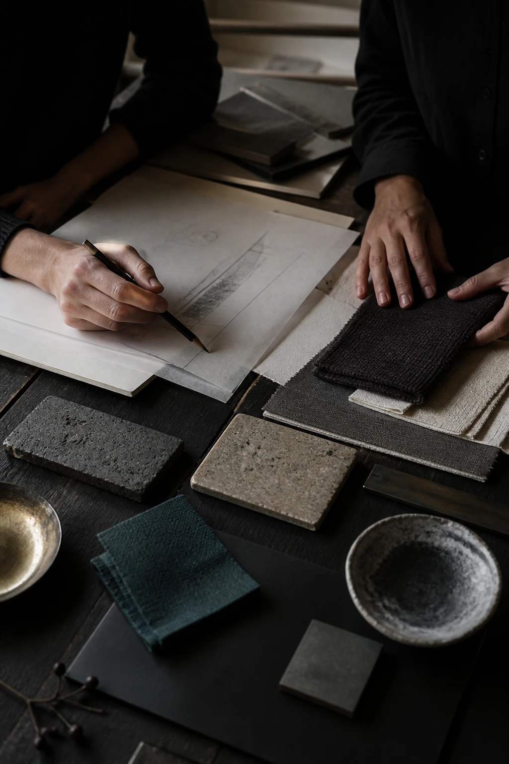 Hands reviewing a creative project brief and material samples