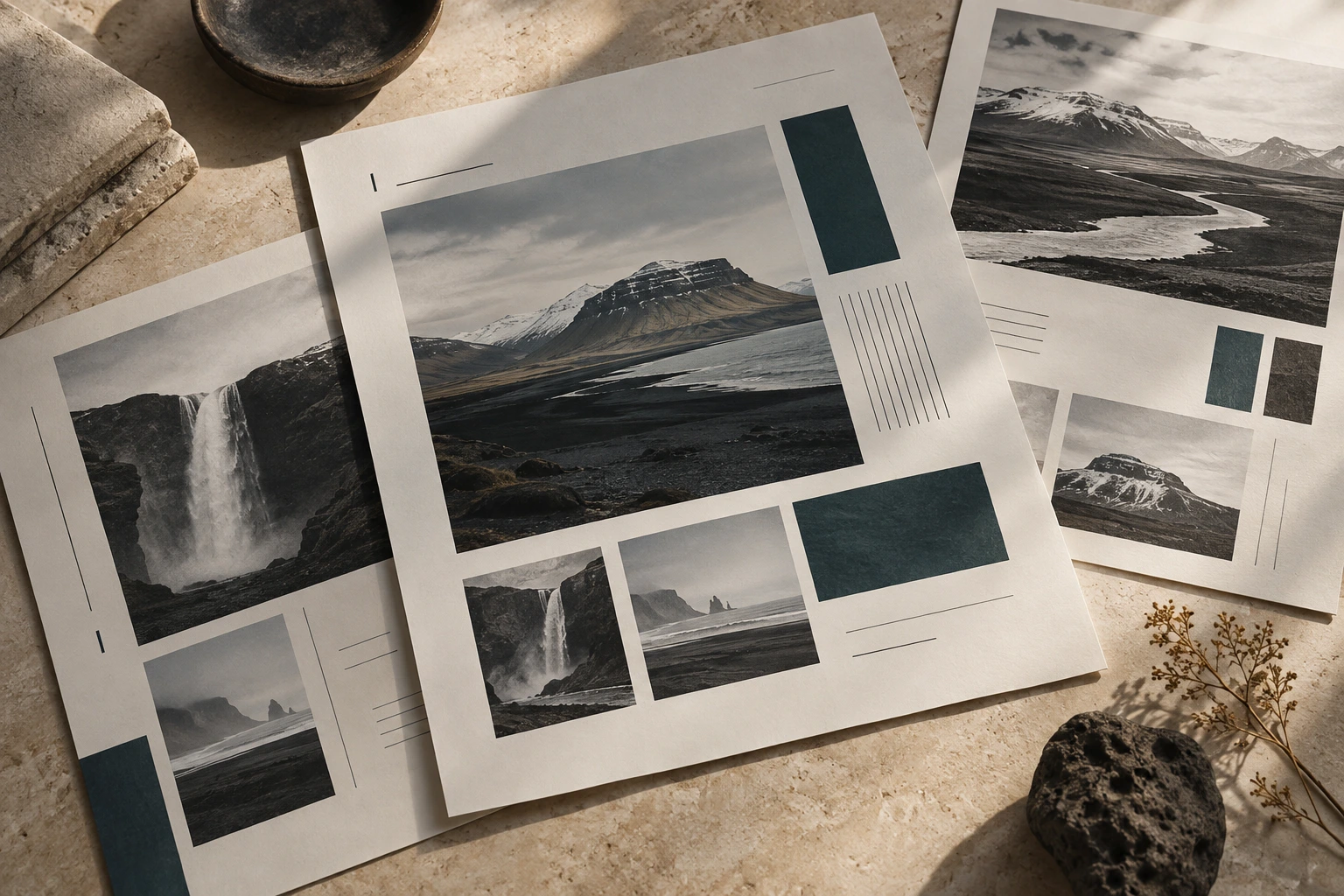 Editorial layouts, Iceland photographs and a petrol colour swatch on a limestone table