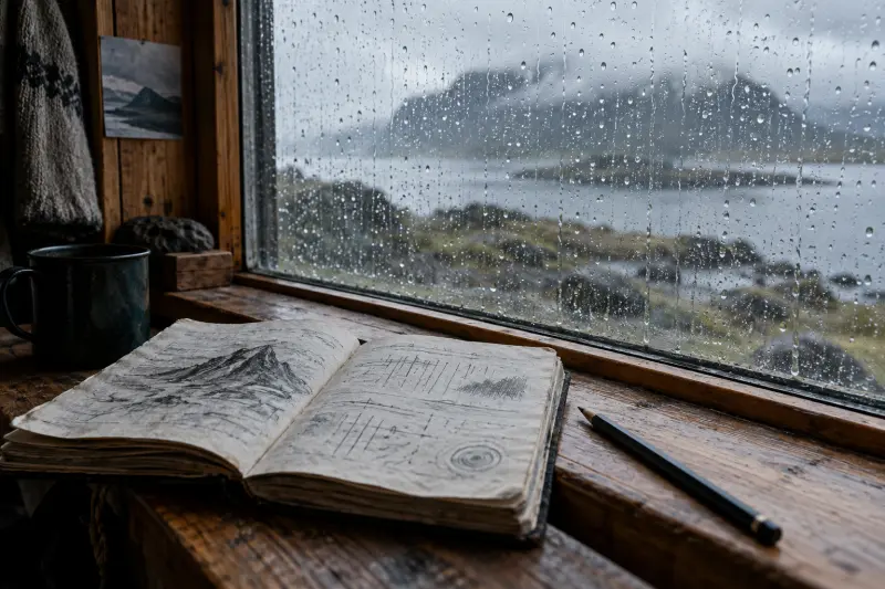 Rain on a window beside an open field notebook and a changing landscape