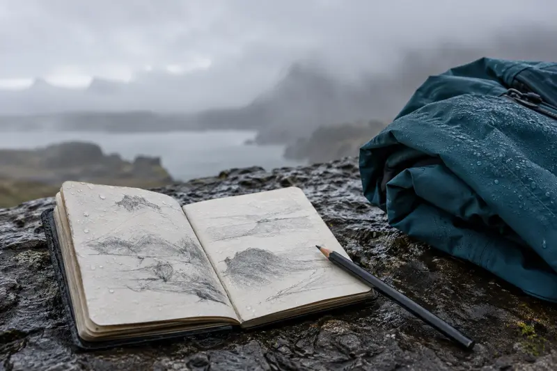 A field notebook, pencil and petrol waterproof jacket on a wet stone ledge