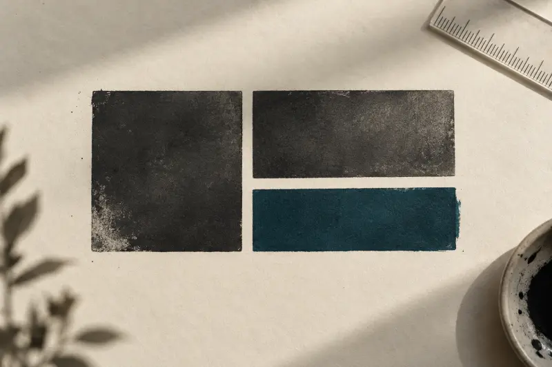A deliberate composition of charcoal and petrol rectangles on warm ivory paper