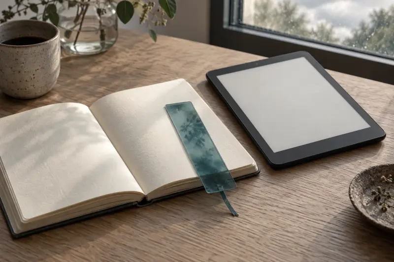 A quiet reading tablet and an open notebook with a translucent petrol bookmark