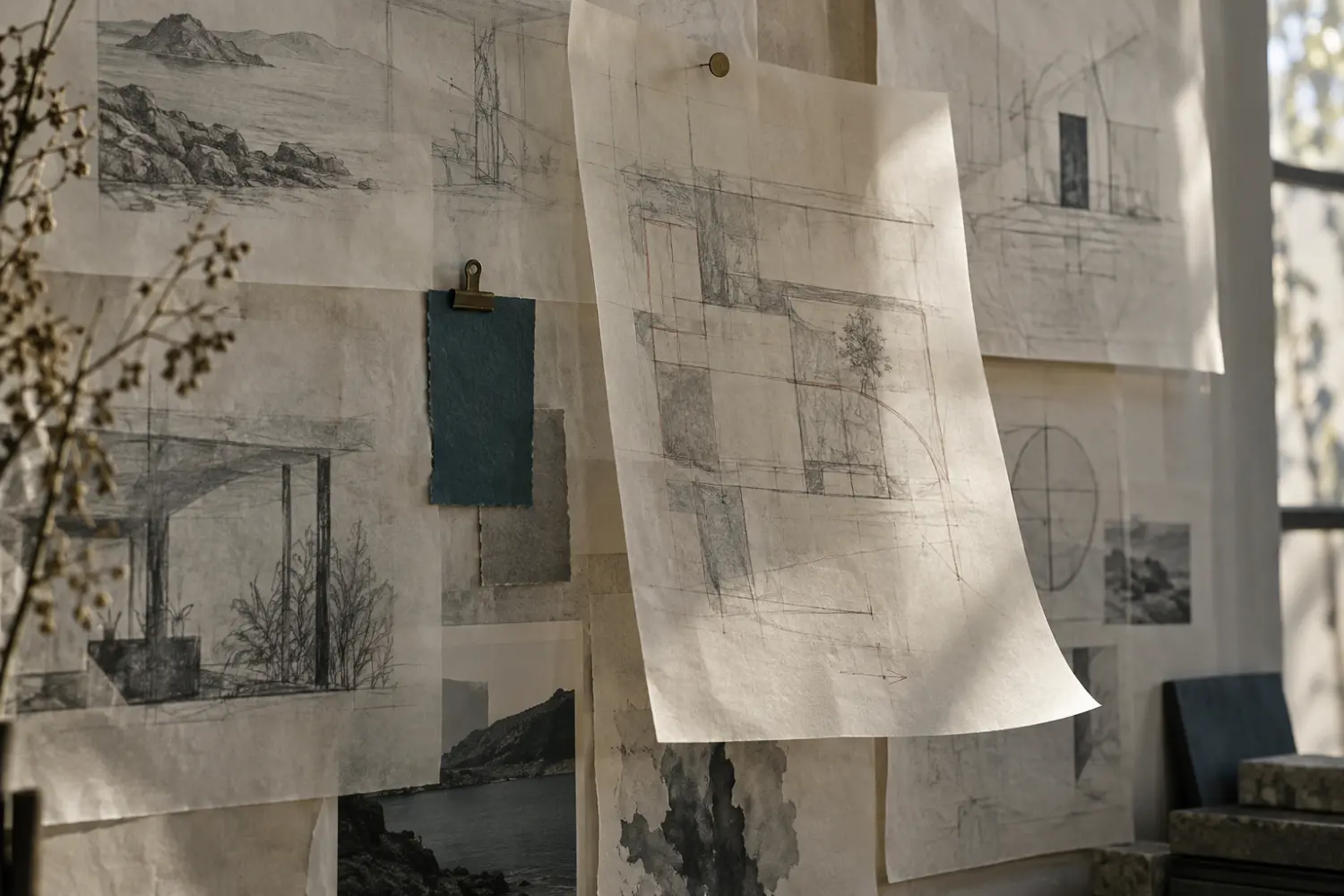 Layered sketches and revisions pinned to a studio process wall