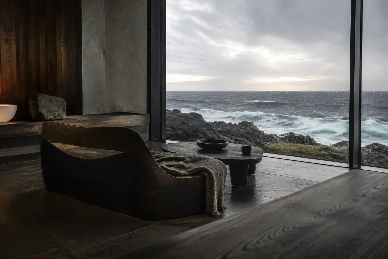 Quiet coastal retreat with a low lounge chair facing the ocean