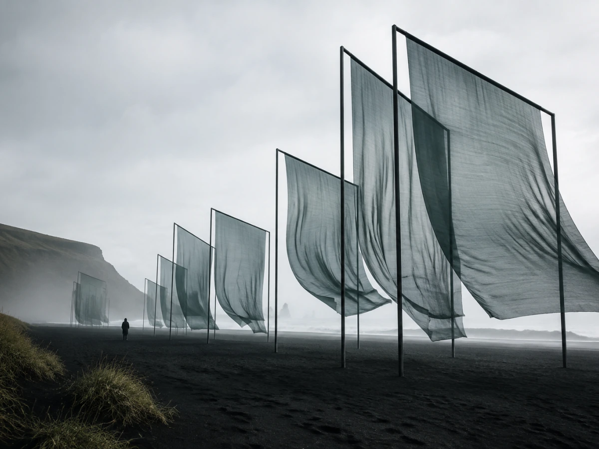 Temporary sculptural installation on the black coast