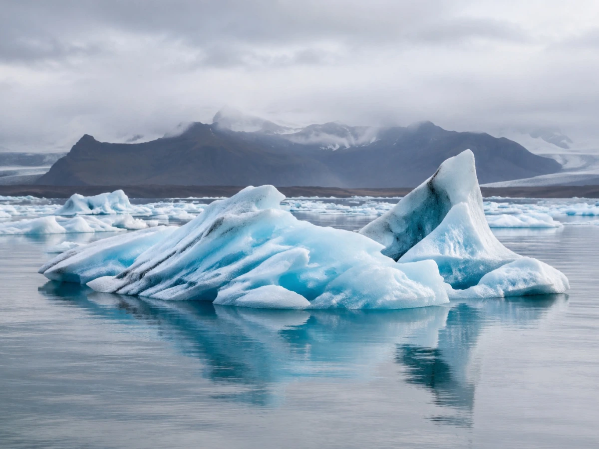Ice formations and reflections in a glacial lagoon