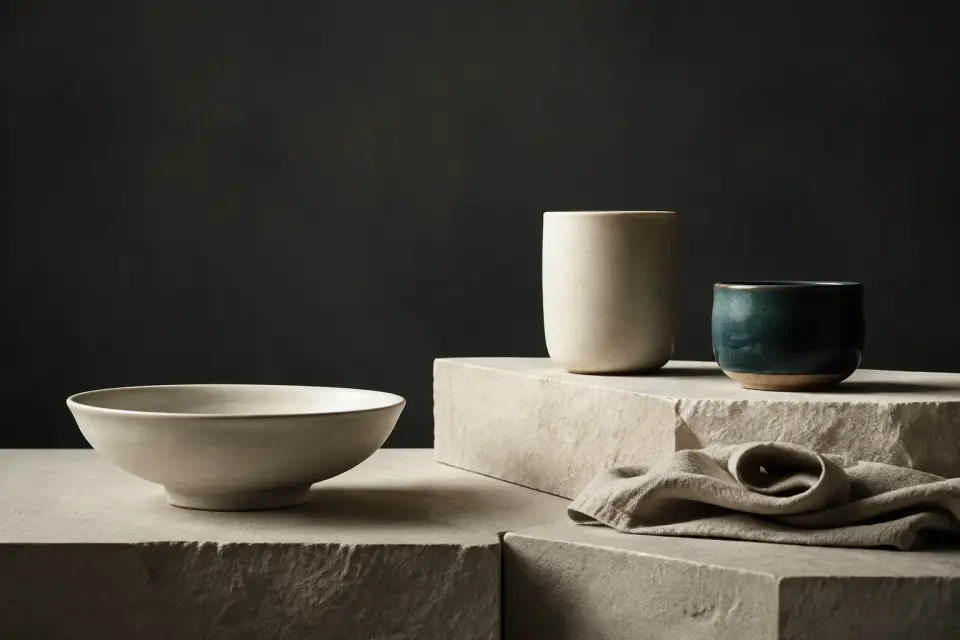Sculptural everyday objects arranged on a textured stone surface