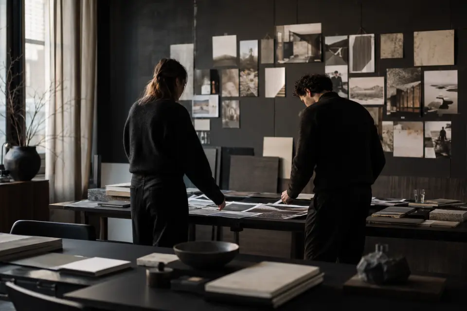 Design studio with a working table and changing daylight