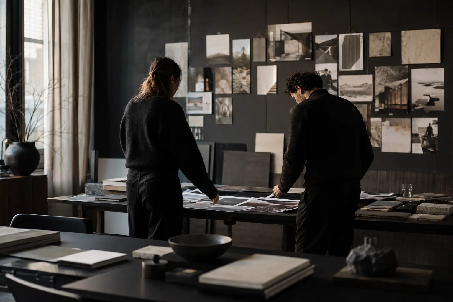 Design studio with a working table and changing daylight