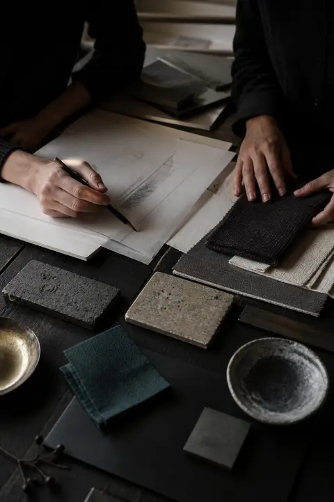 Sketches and material samples arranged for a project briefing