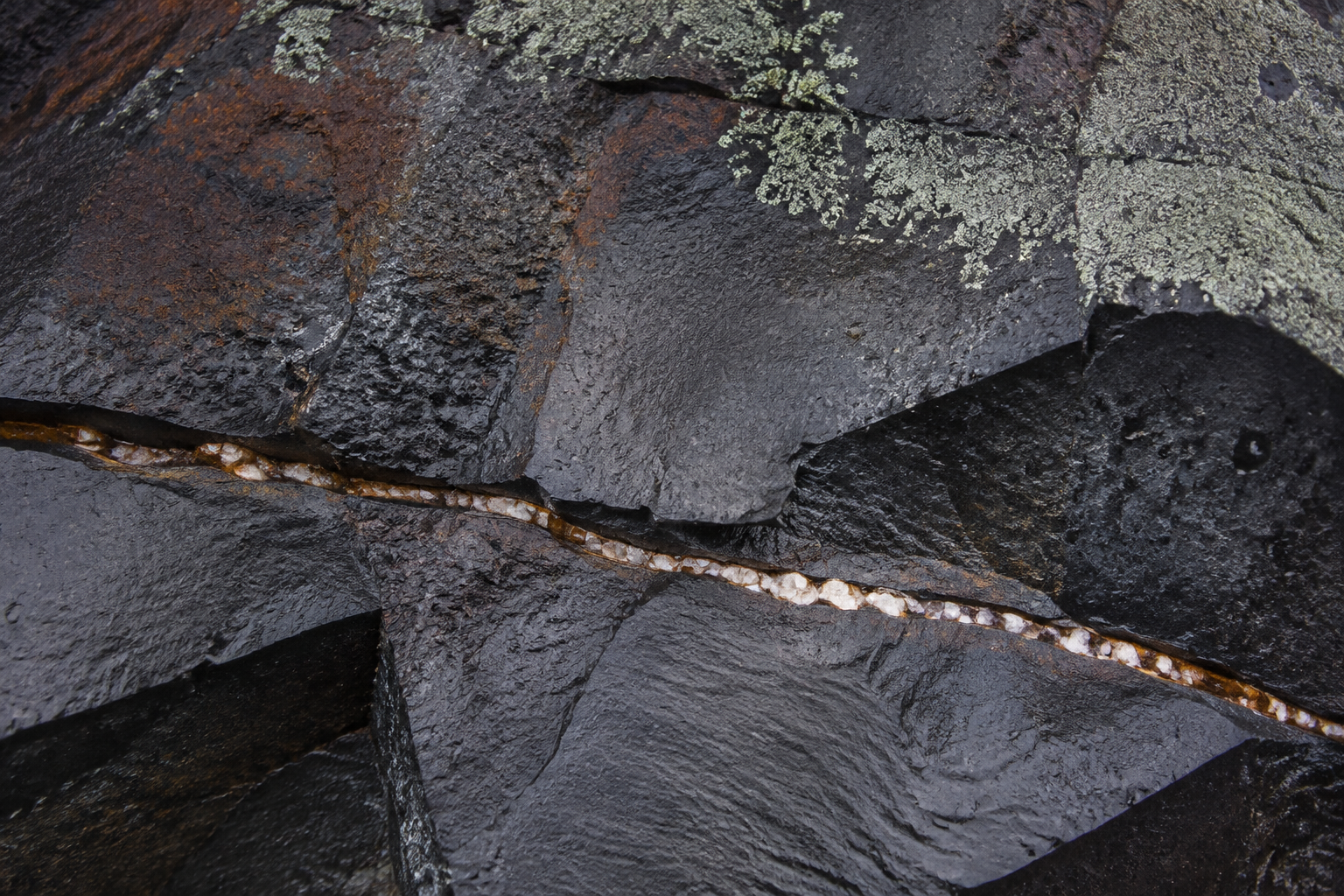 A close view of dark wet rock with green lichen and a pale mineral seam