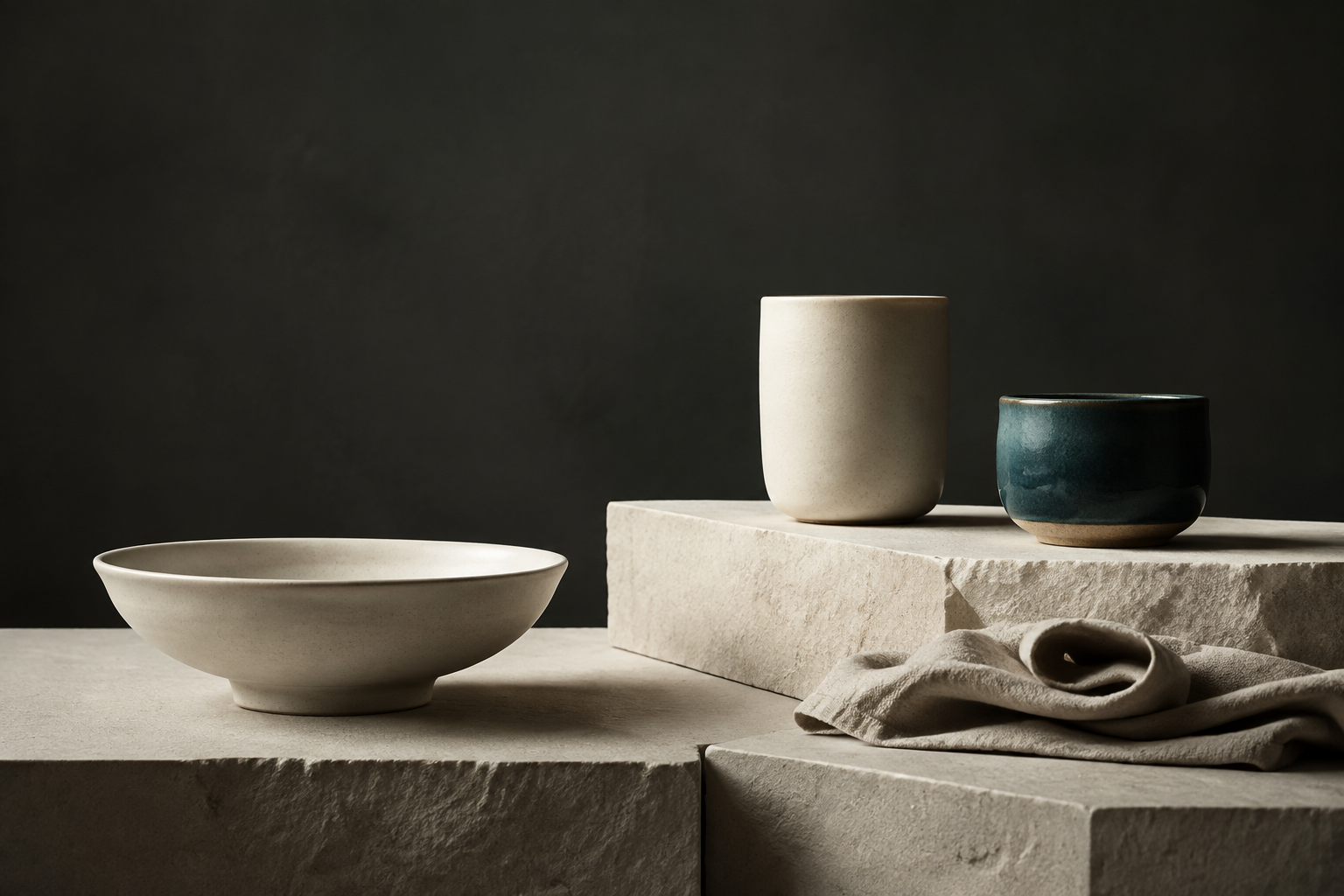 Three ceramic vessels in cream and deep petrol arranged on pale stone