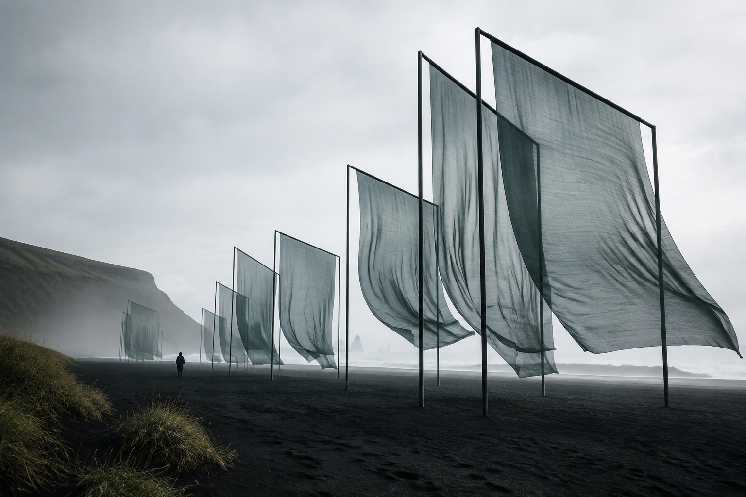 A sequence of translucent fabric panels moving along a dark coastal beach
