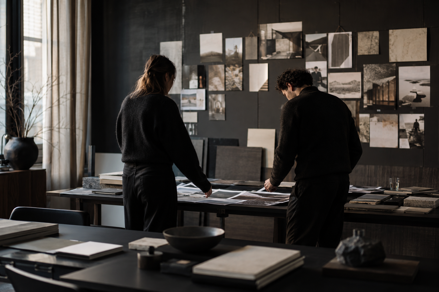 Two designers reviewing photographs and material samples at a studio table