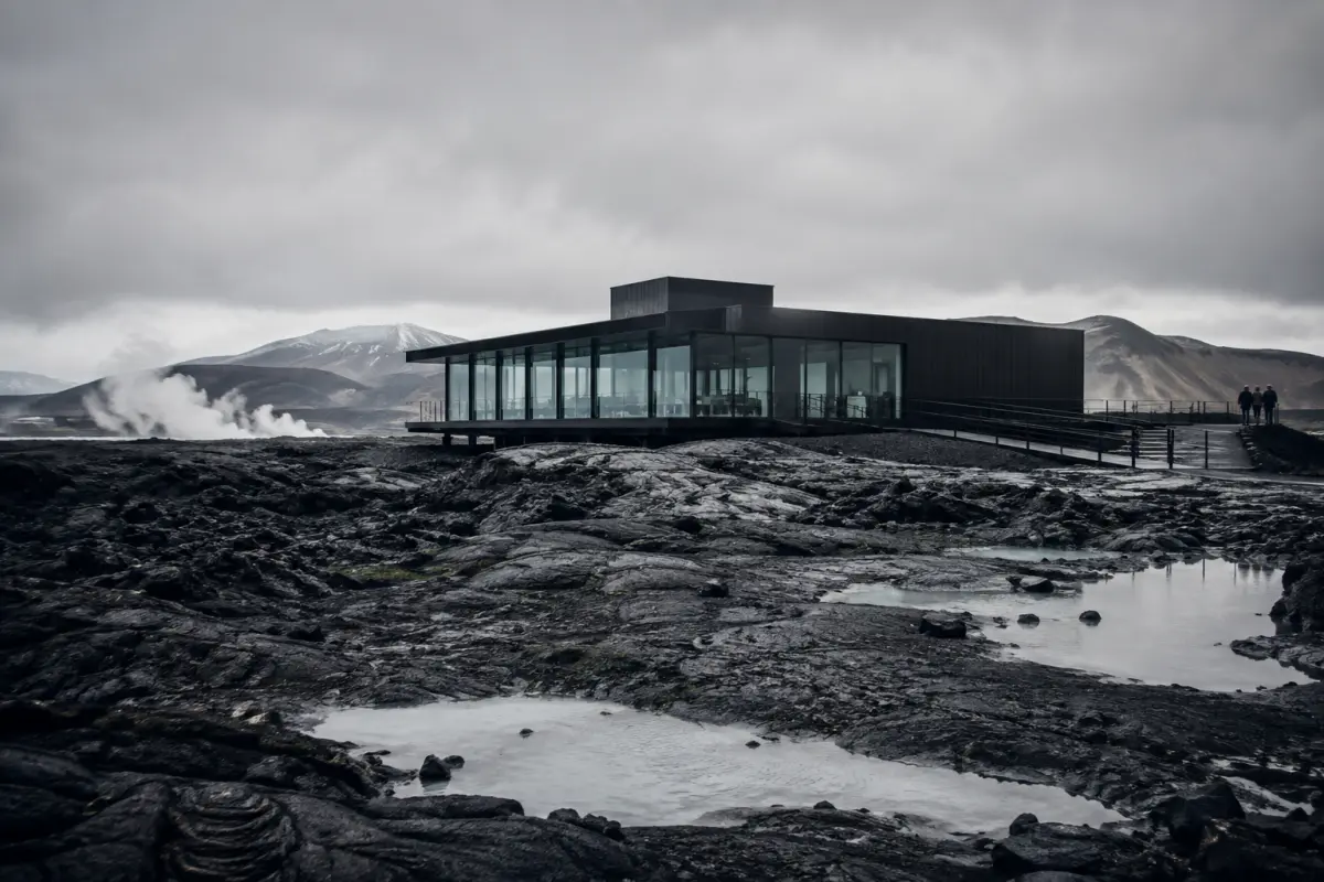 Steam rising between dark basalt walls