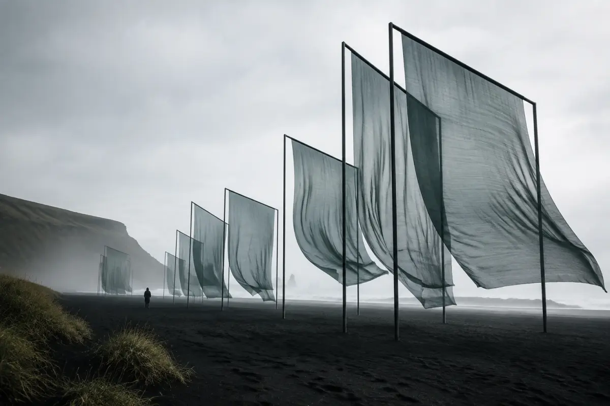 Sculptural installation on an open volcanic coast